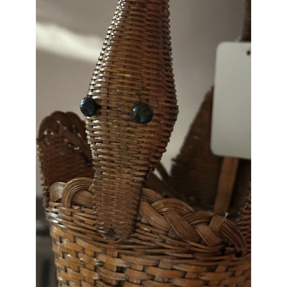 Vintage Woven Wicker Rattan Duck Basket w Handle Wood Beak Mini 5” Tall